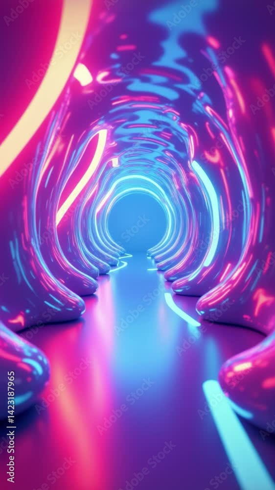 Poster Abstract Neon Light Tunnel with Reflections and Smooth Wavy Forms