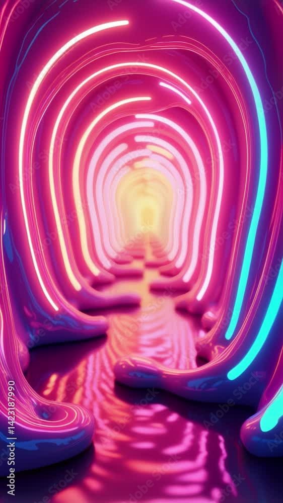 Poster Abstract Neon Light Tunnel with Reflections and Smooth Wavy Forms