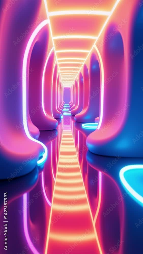 Poster Abstract Neon Light Tunnel with Reflections and Smooth Wavy Forms
