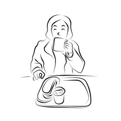 young woman drinking coffee and sandwich on table illustration vector hand drawn with black lines isolated on white background.
