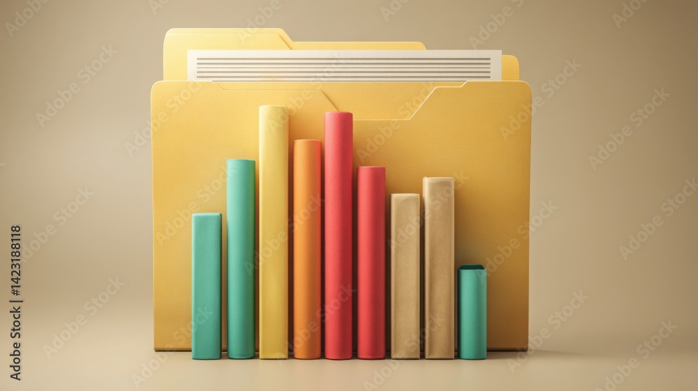 Poster neatly organized folder with a stack of books symbolizing knowledge management and information stora