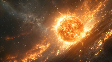 Obraz premium A bright fiery celestial body emits intense light in the vast expanse of space next to a rocky surface
