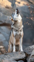 Naklejka premium Wolf howls againgt the moon majestic animal rock.