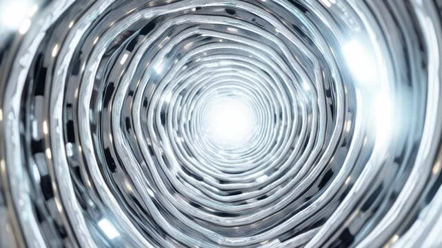 Abstract metallic vortex with reflective surfaces spiraling into depth, creating a futuristic atmosphere