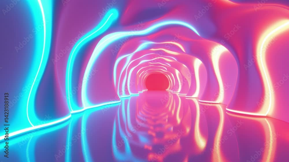 Poster Abstract Neon Light Tunnel with Reflections and Smooth Wavy Forms