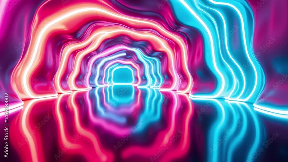 Poster Abstract Neon Light Tunnel with Reflections and Smooth Wavy Forms