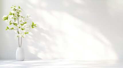Fototapeta premium Minimalist white ceramic vase holding delicate green flowering branches on a table, set against a bright wall with soft dappled shadows.