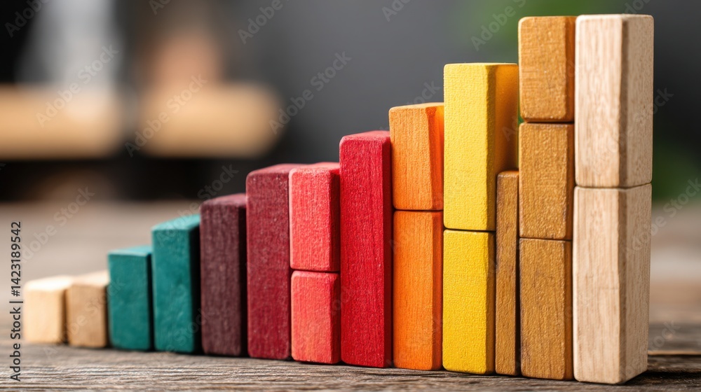 Poster wooden block stack symbolizing data-driven growth and structural development in business and financi