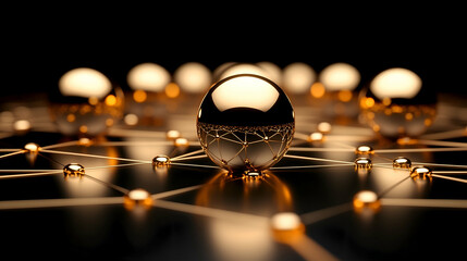 A network of golden spheres and lines over a dark surface creating an abstract futuristic connection design