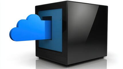 A modern cloud computing server with an arrow entering its hard drive illustrating data backup and local storage solutions