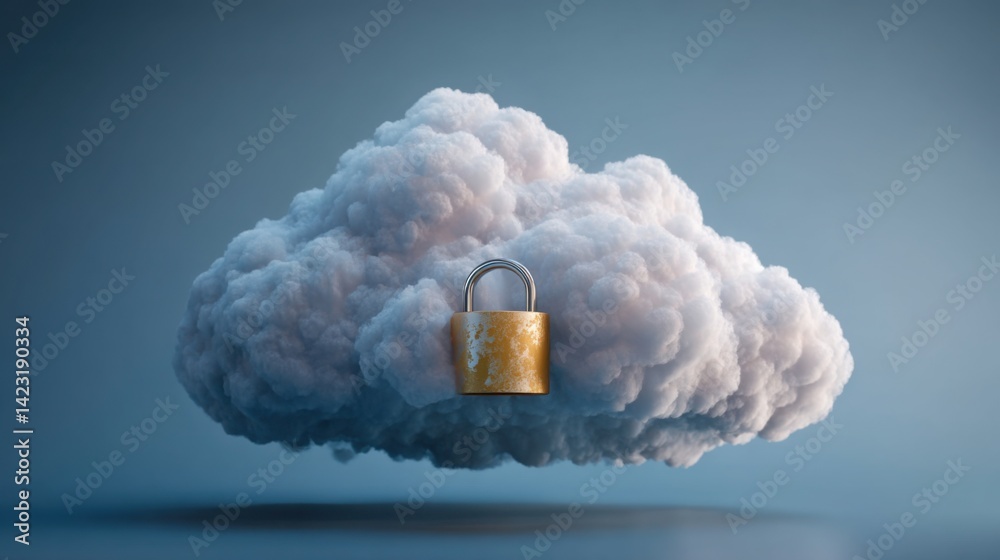 Poster cloud with a padlock symbolizing secure operations and protection of data in digital environments an