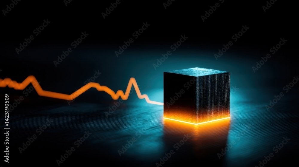 Poster abstract cube shaped object hovering above a glowing line chart representing innovative data insight
