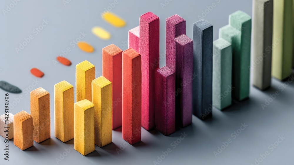 Poster row of colored pencils arranged to form a bar chart illustrating performance metrics in a creative a