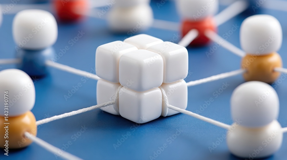 Poster a group of white cubes forming a network concept representing connectivity and structure in data ana