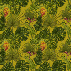 Naklejka premium Tropical Jungle Pattern Background Green Leaves, Plants, Palm, Banana, Monstera, Flowers, Watercolor Illustration.