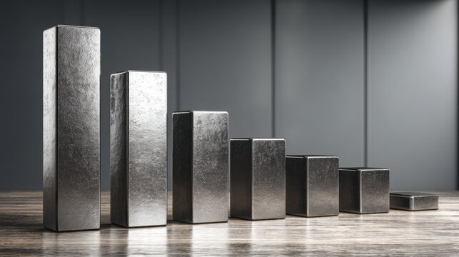 A group of metallic blocks arranged together forming a conceptual representation of data performance metrics and analysis