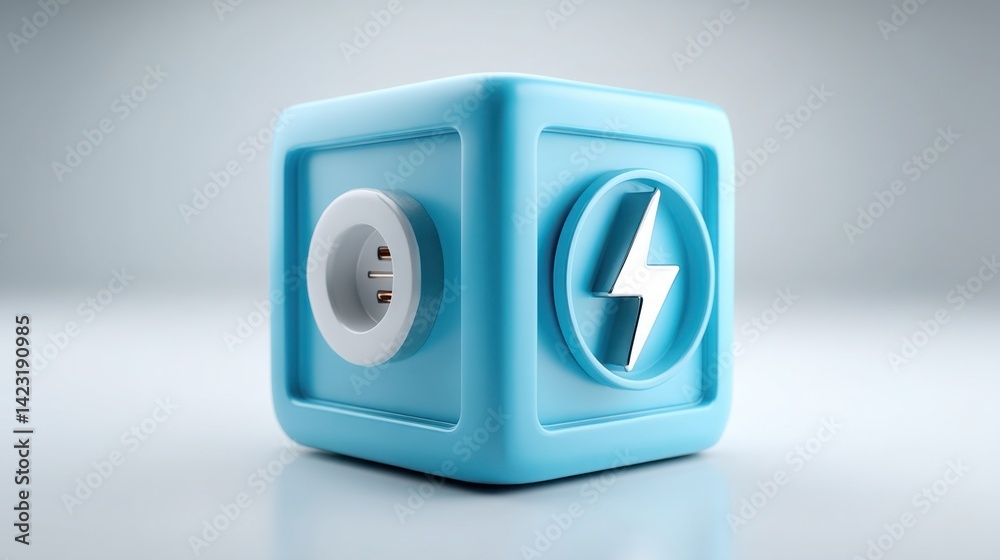 Poster blue cube with illuminated feature and lightning arrow overlay signifying instant system and energy 
