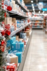 Aisle filled with holiday products and decorations, blurred store interior 