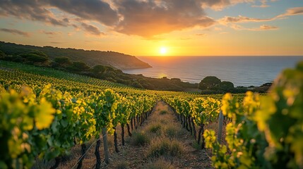Fototapeta premium Vineyard Landscape Near Ocean at Sunset with Rows of Grapevines