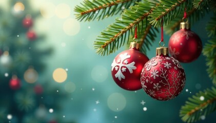 Obraz premium Christmas Greeting Ornaments Hanging from Tree Branches, Christmas decor, mistletoe