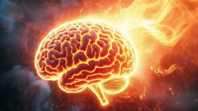 Fiery glowing brain exploding into cosmic light and energy in space