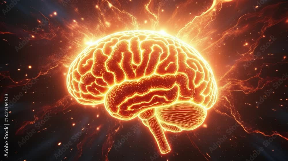 Poster Fiery glowing brain exploding into cosmic light and energy in space