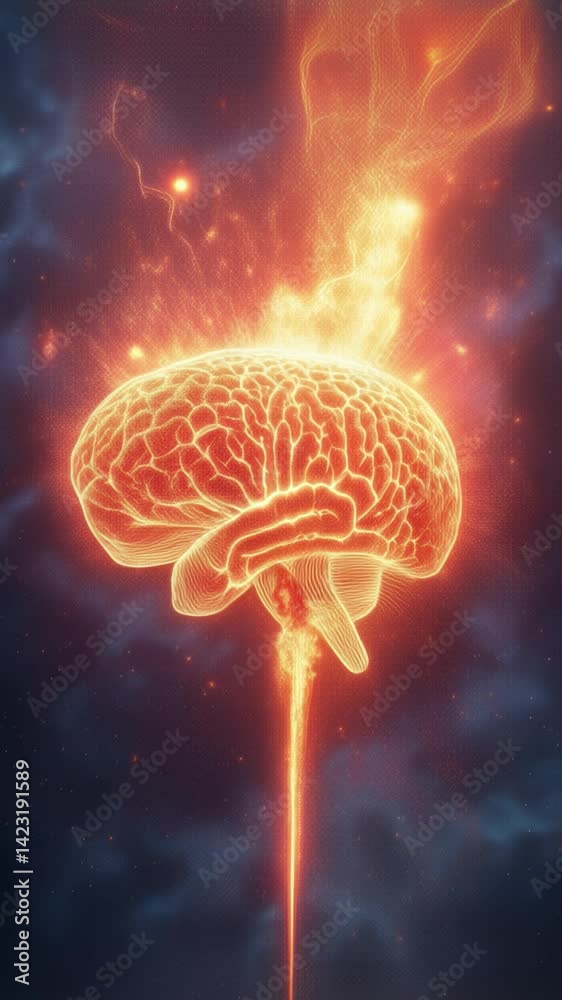 Poster Fiery glowing brain exploding into cosmic light and energy in space