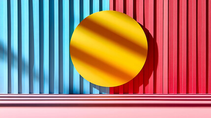 Abstract colorful vertical lined background with a large yellow circle and shadows on a pastel stage