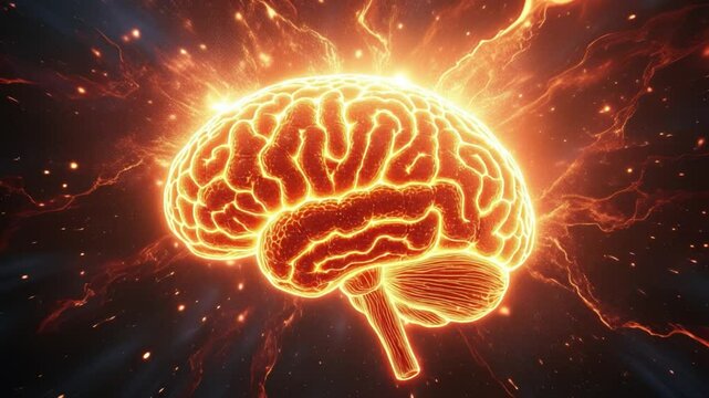 Fiery glowing brain exploding into cosmic light and energy in space