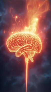 Fiery glowing brain exploding into cosmic light and energy in space