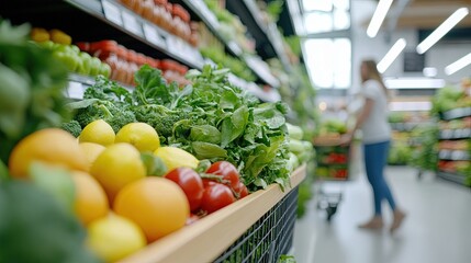 Blurry grocery store with woman pushing shopping cart filled with organic produce 