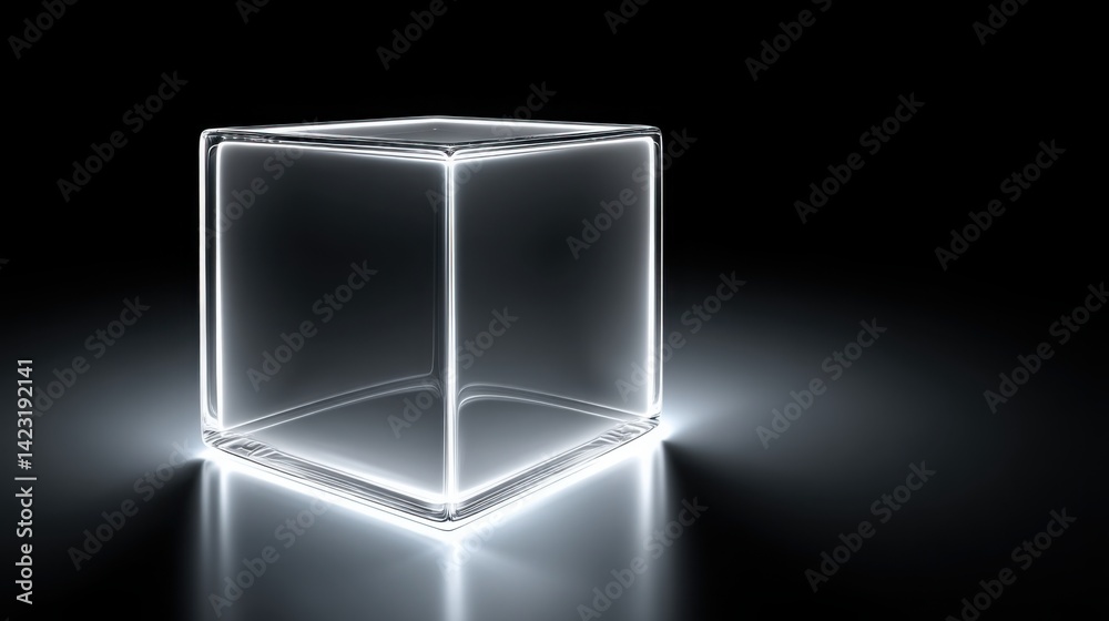 Poster glass cube illuminated from above with glowing lines creating a modular digital platform conceptuali