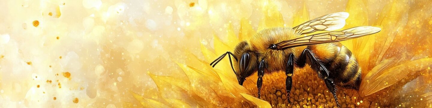 Honeybee rests on sunflower in golden light. Honeybee art for bee conservation day. Watercolor honeybee for world bee day greeting card and poster