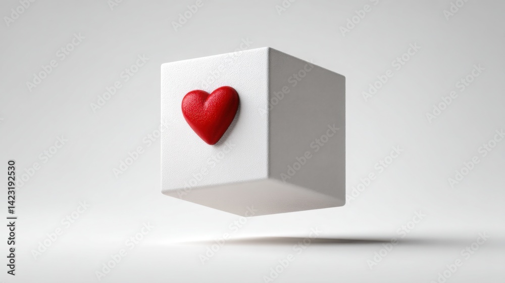 Poster red heart rising from a white cube symbolizing love and affection in a conceptual design for user co