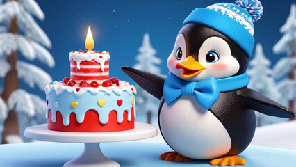 A happy penguin stands beside a birthday cake with a candle