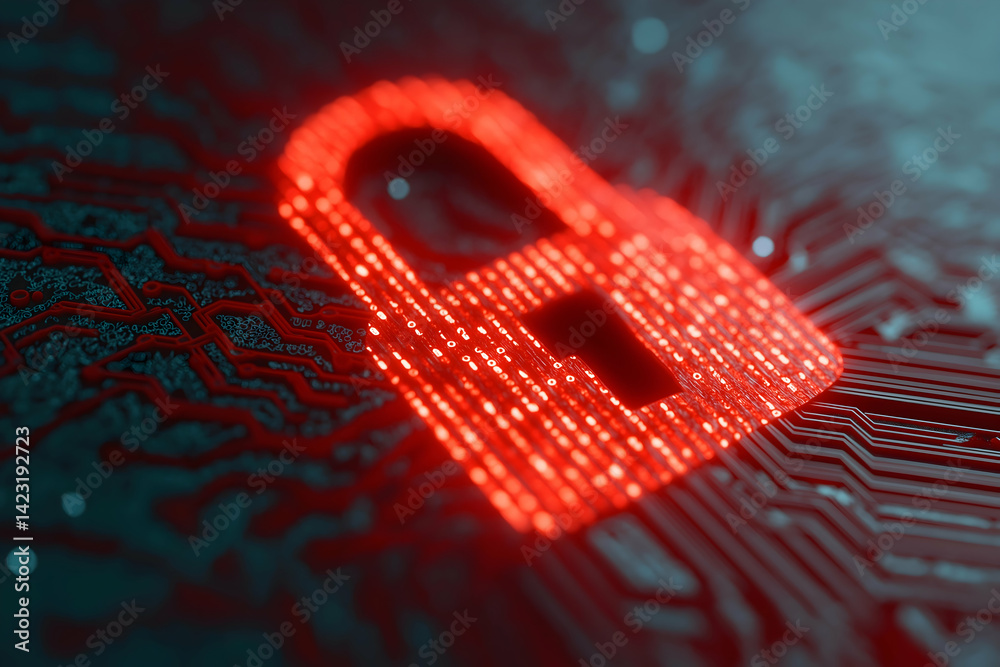 Aufkleber a glowing red digital padlock over circuit patterns, symbolizing cybersecurity and data protection i