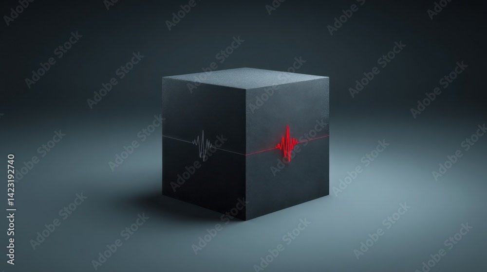 Poster black box with a red line symbolizing real-time monitoring and pulse metrics for technology solution