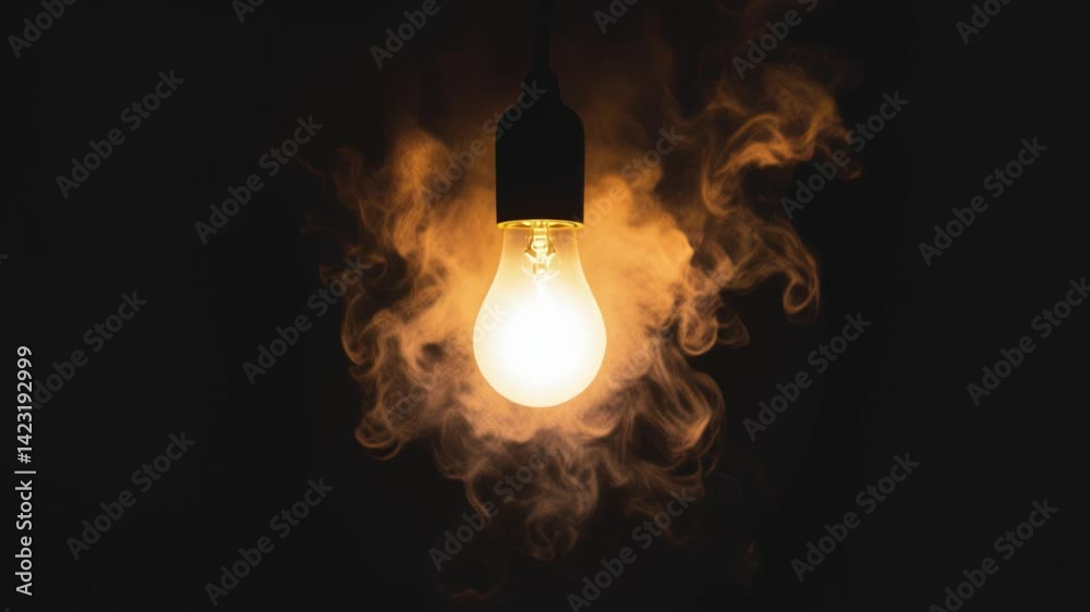 Poster lit lightbulb surrounded by smoke or fog against a dark background