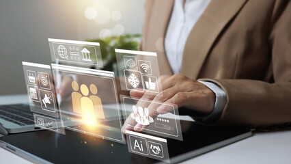 Customer relationship management,CRM Concept ,business network structure ,businessman touch person icon on virtual screen Represents the marketing strategy of organization business.