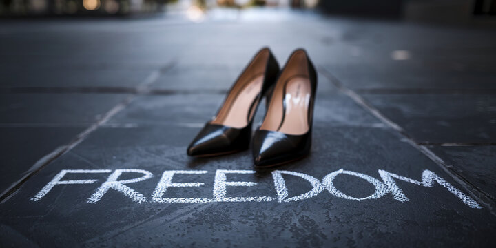 Black high heels on dark pavement with chalked word "Freedom", symbolizing female empowerment and independence, conveying a sense of liberation and choice