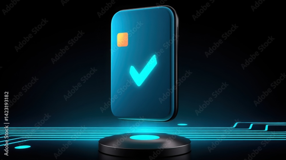 Poster modern smartphone with a check mark floating above circuit lines representing a digital application 