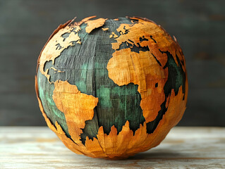 Carved wood globe showing continents in brown oceans in dark teal against a muted background
