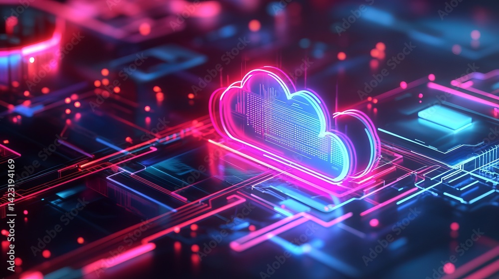 Wall mural abstract neon cloud computing digital technology network data server web pink blue cyber board light