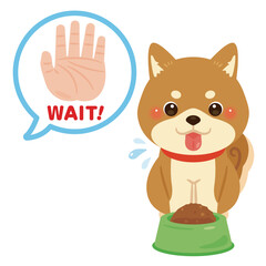 ご飯を前に待てをする柴犬のイラスト
