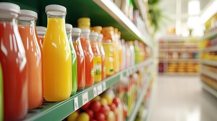 Grocery aisle with shelves of summer drinks and snacks, soft blur effect 