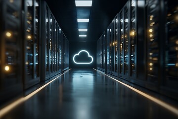 Fototapeta premium Glowing cloud symbol in a server room corridor with rows of dark metal cabinets, concept for data center, cloud computing, and network infrastructure