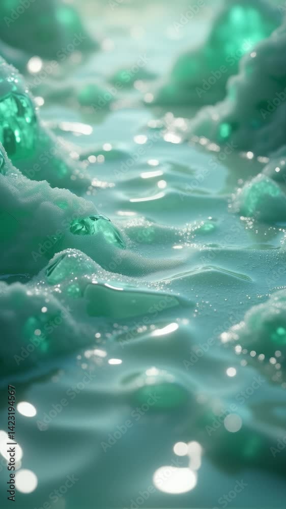 Aufkleber translucent teal waves glow with inner light, reflecting on a smooth surface, amidst stylized crysta