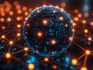 Globe structure of blue networks with orange node connections in a digital landscape