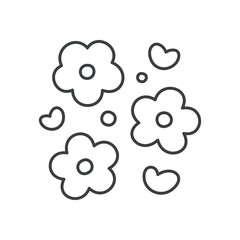 Cute floral illustration. Gentle design of little pink hearts and flowers. Hand drawn monochrome illustration isolated on a white background. Kawaii sticker. Vector 10 EPS.