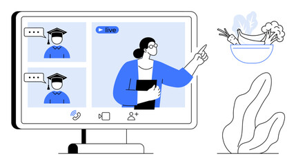 Teacher conducting a live online session with graduates on a desktop screen while pointing to a bowl of fresh vegetables. Ideal for e-learning, online classes, virtual meetings, education innovation